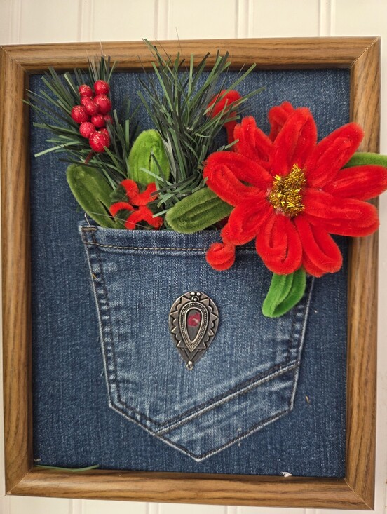 Hand Crafted Other - Hand Made 8x10 Framed Denim Pocket Wall Accent with Red Pointsettial Bouquet